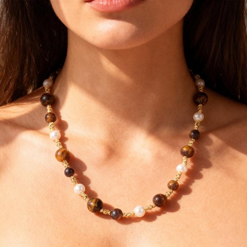Natural Tigers Eye Stone And Pearls Beaded Necklace Handcrafted Sturdy Hand strung Beaded Necklace For Elegant Occasions