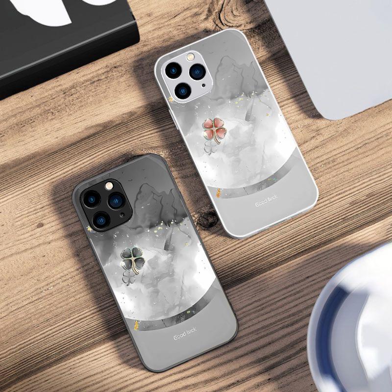 Four Leaf Clover Gradient For IPhone 16 Pro Max 15 Pro 14 13 12 Mini 11 XS Max XR 7 8 Plu SE 2022 Tempered Glass Phone Case