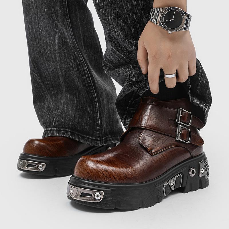 Men's High-top Boots American Retro Old Rock Short Boot Punk Style Big Head Men's Platform Boots Fad Belt Buckle Leather Boots