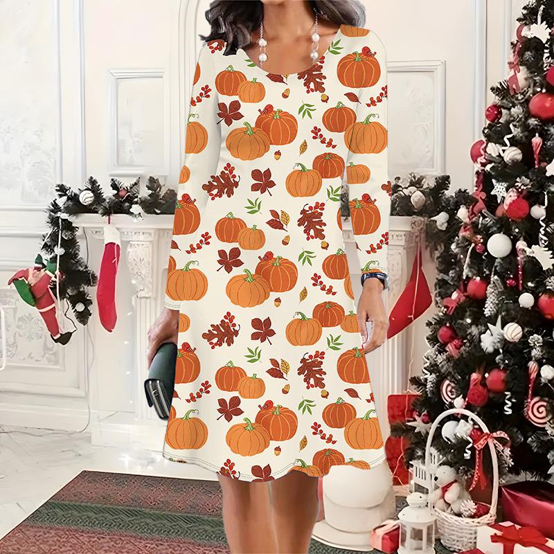 

2025 Осень и Зима Новое Повседневное Женское Платье с Круглым Вырезом 3D Хэллоуинский Узор Идеальный Подарок на Хэллоуин Рождество XS оранжевый