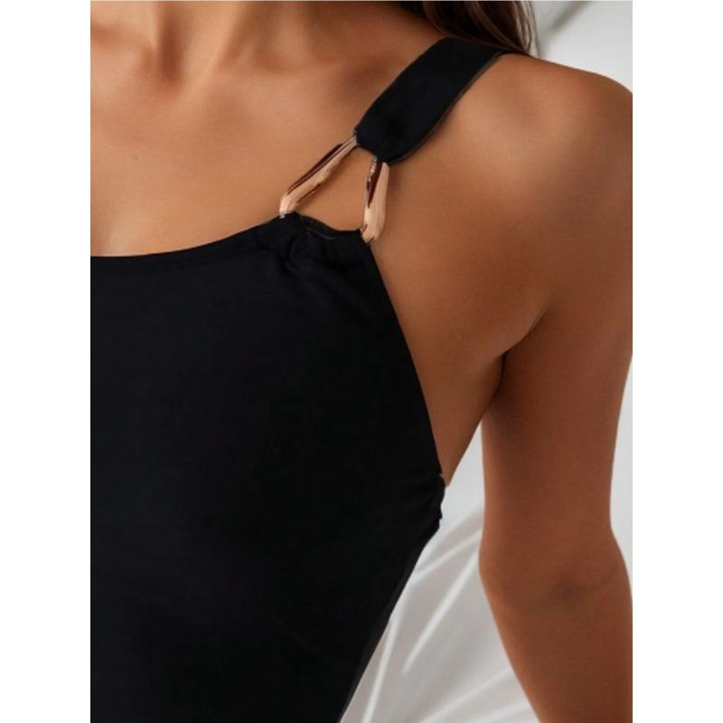 Women's One Piece Swimsuti Sexy Solid Color Black Single Shoulder Backless Bikini Slim Beach Vacation Monokini Swimwear 2024 New