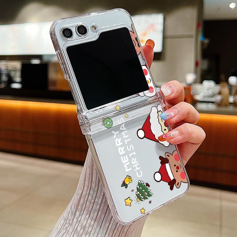 Christmas Santa Elk Print Case For Samsung Galaxy Z Flip 6 5 4 3 Hard Folding Clear Phone Cover For Samsung Z Flip5 Flip4 Flip6