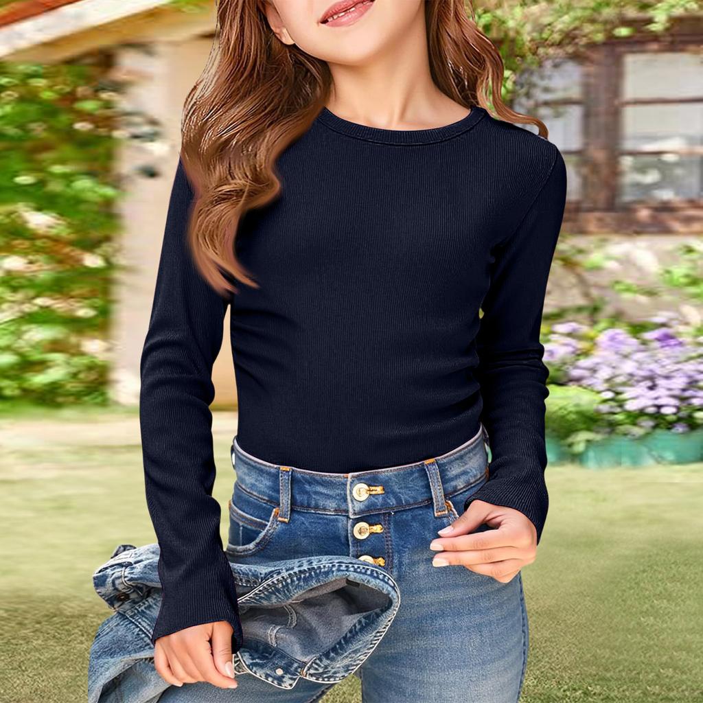 Girls' Ribbed Tee - Long Sleeve Round Neck Casual Top