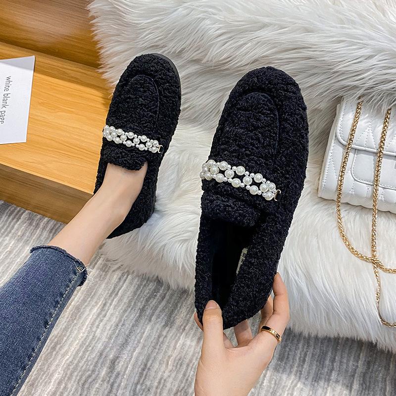Fashion Luxury Winter crystal flower cotton shoes women shearling loafers sneakers warm plush moccasins fur flats woman plus size 42/43
