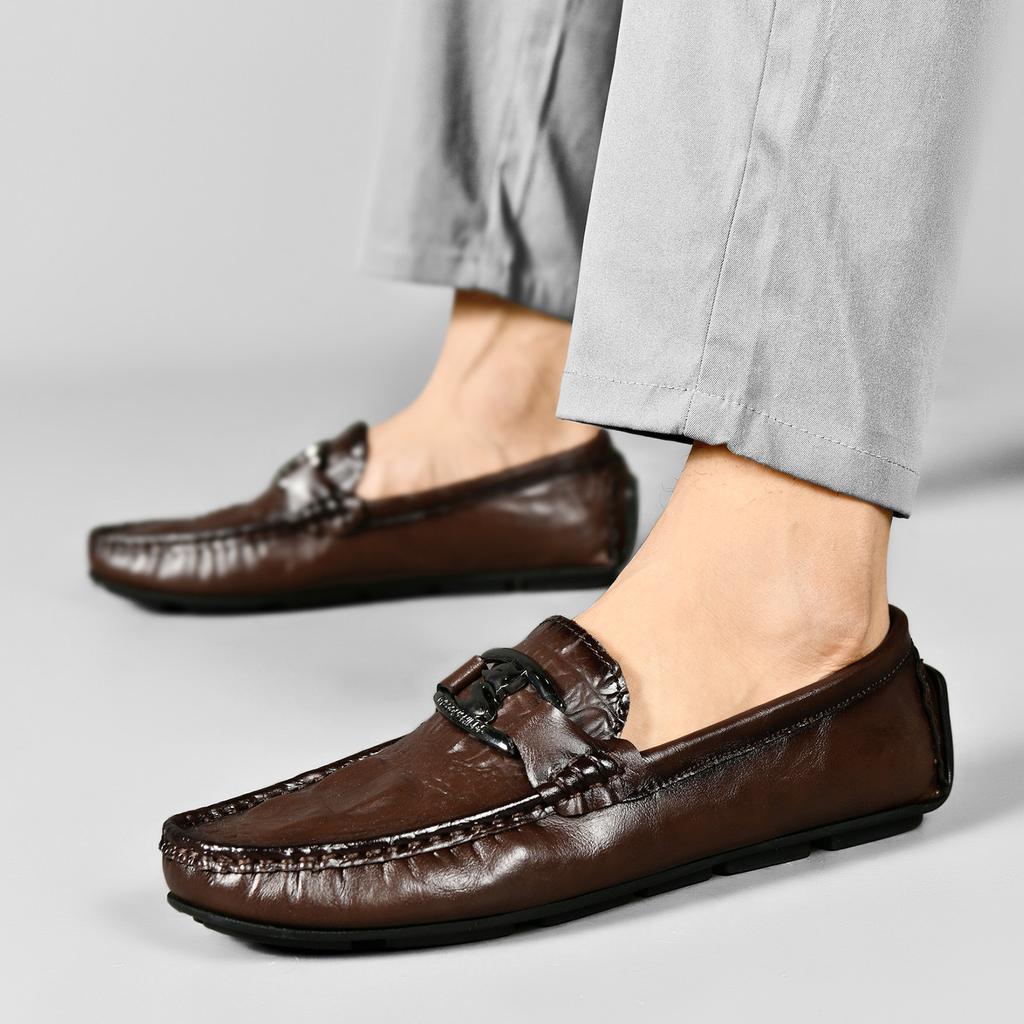 Crocodile Pattern Beanie Shoes Lazy Driving Shoes British Casual Men's Leather Shoes Genuine Leather Cowhide
