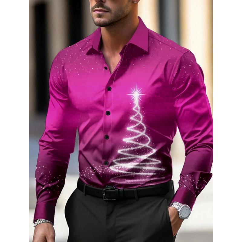 Camicie da Uomo a Tema Natalizio con Stampa Alberi di Natale Grafiche Degradé Fiocchi di Neve Camicie a Manica Lunga Button-Up Top alla Moda