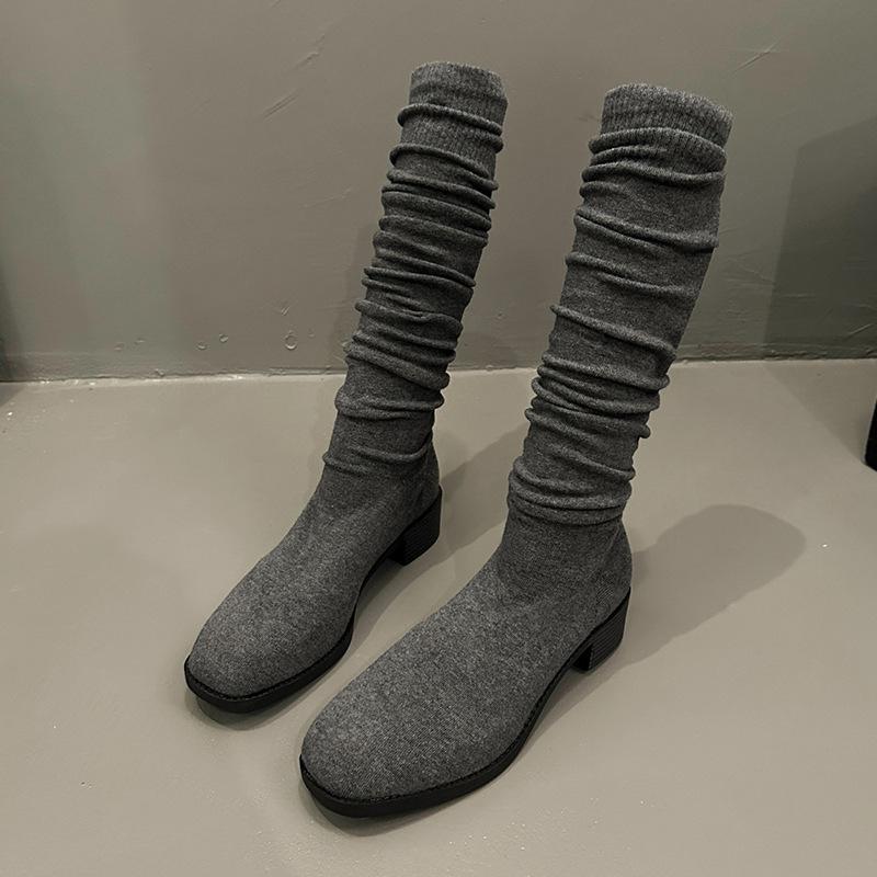 

Узкие сапоги выше колена на резинке женские с круглым носком на толстом каблуке осень 2024 новые сапоги на резинке вязаные носки сапоги с носками сапоги 39 серый