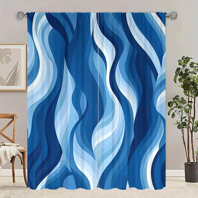 2pcs- Sky Blue Corrugated Polyester Curtains, Pole Bag Curtains, Bathroom, Bedroom, Living Room, Home Room Decoration