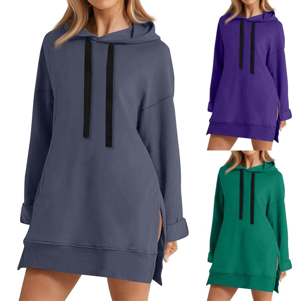 Women's Fashion Casual Sweatshirt Solid Color Long Sleeve Split Hem Long Hoodie
