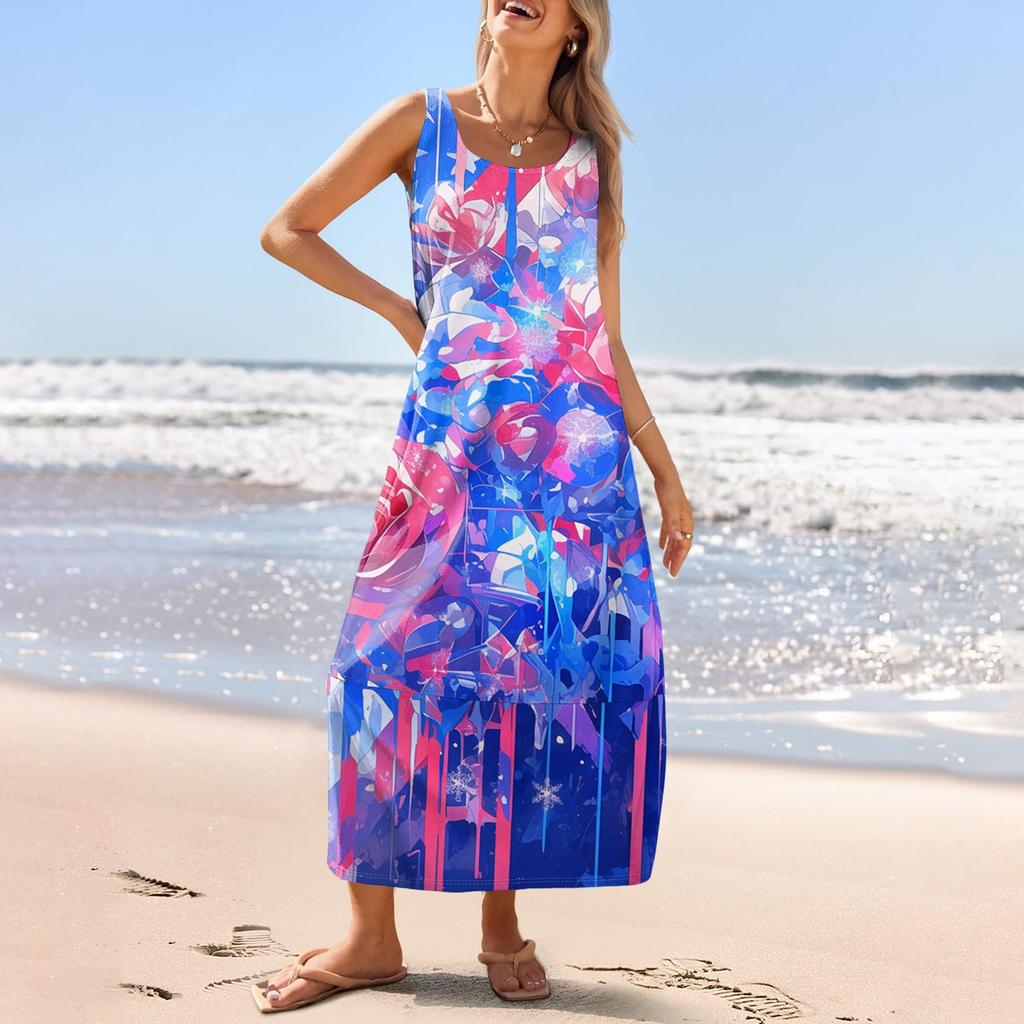 Women's Casual Long-length Sundress Summer Beach Dress Round Neck Sleeveless Loose Sundress