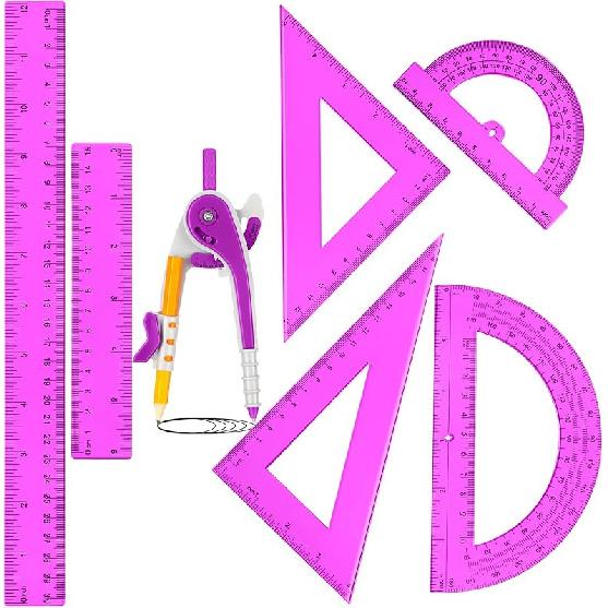 Zonon 1 Set Plastic Geometry Math Set 7 Pcs Includes 6'' / 4 '' Protractor, Drawing Compass, 45/60 Degree Triangle Rulers, 12'' / 6'' Math Ruler