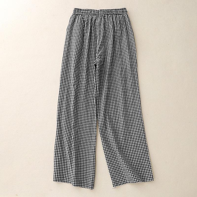 2025 Spring and Summer New Comfortable Drawstring Design Black and White Plaid Cotton and Linen Straight Pants Loose and Thin Lazy Style Floor Pants
