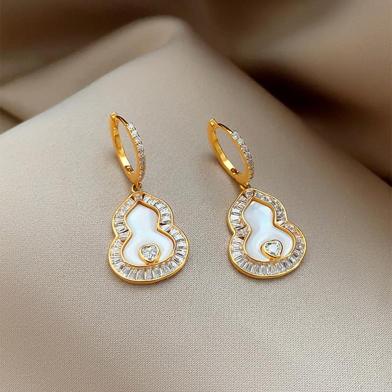 18K zircon fritillary gourd pendant earrings light luxury high-end ear buckles new Chinese temperament earrings