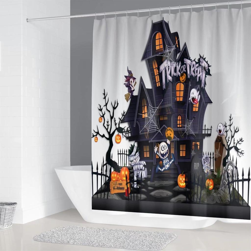 Halloween Shower Curtain Sets Haunted House Pumpkin Shower Curtains With 12 Hooks, Bathroom Decor Sets With Curtain And Rugs