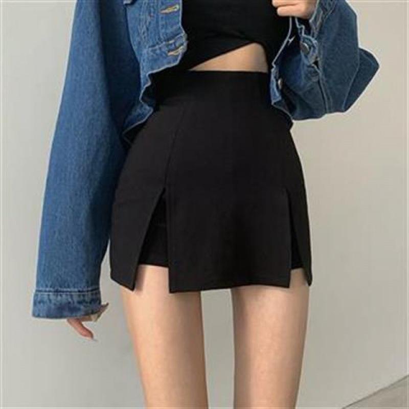 

Large size black skirt female fat mm summer sexy split trouser skirt irregular high waist thin hip skirt s 40-45kg чорний