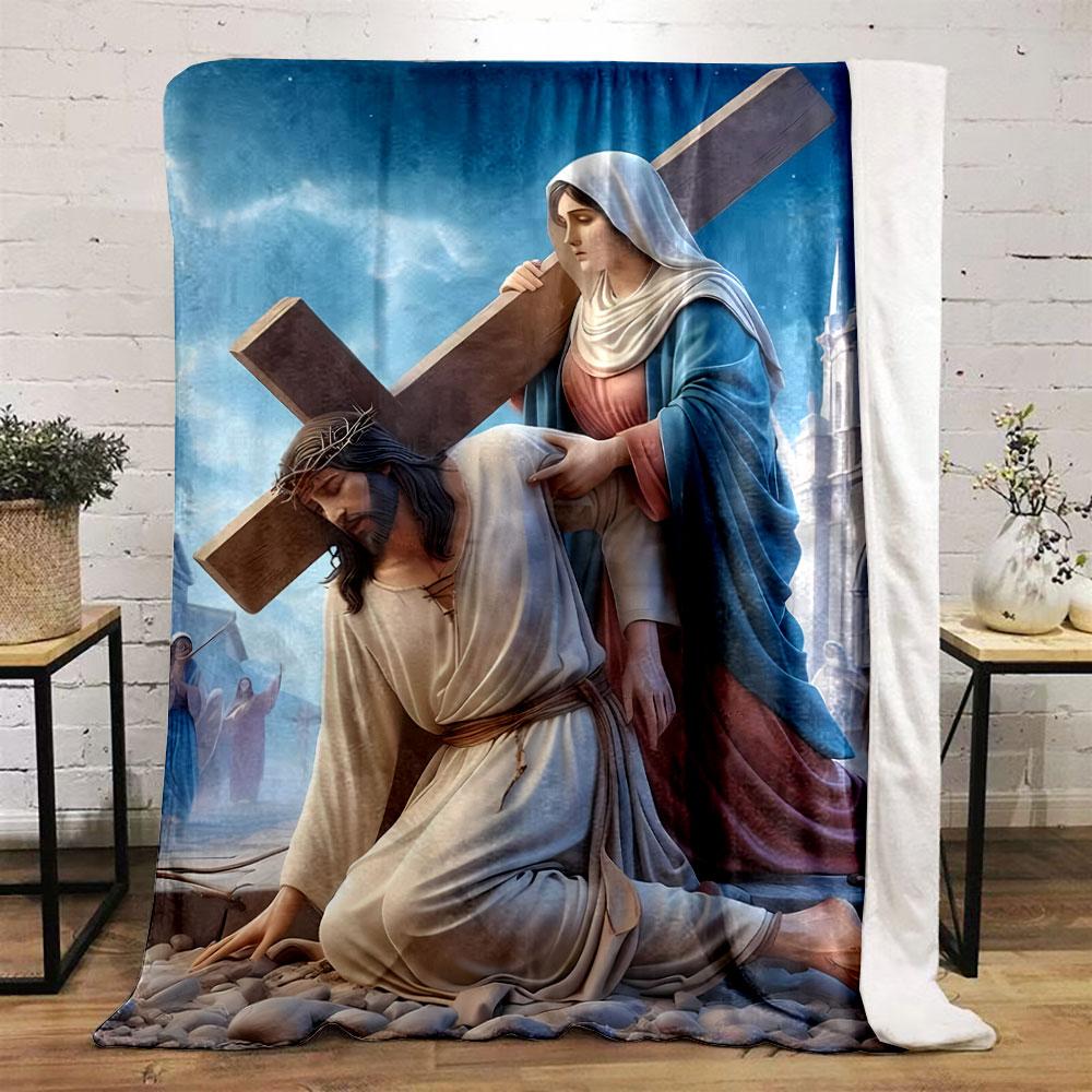 Jesus Carrying Cross Mary Comforting Blanket Printed Blanket for Living Room Bed Couch lunch break Soft Cozy Blanket for Friend's festival Gift