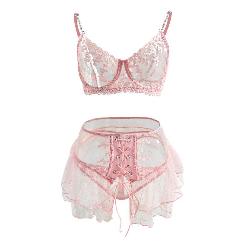Mesh Love Embroidery Perspective Bra Women's Rhinestone Suspenders Sexy Underwear Set New