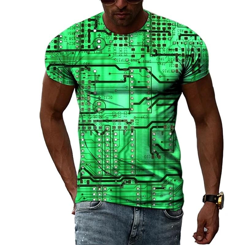Summer Round Neck 3D Circuit Board Print T-shirts Fashionable Casual Short Sleeved Men's T-shirts