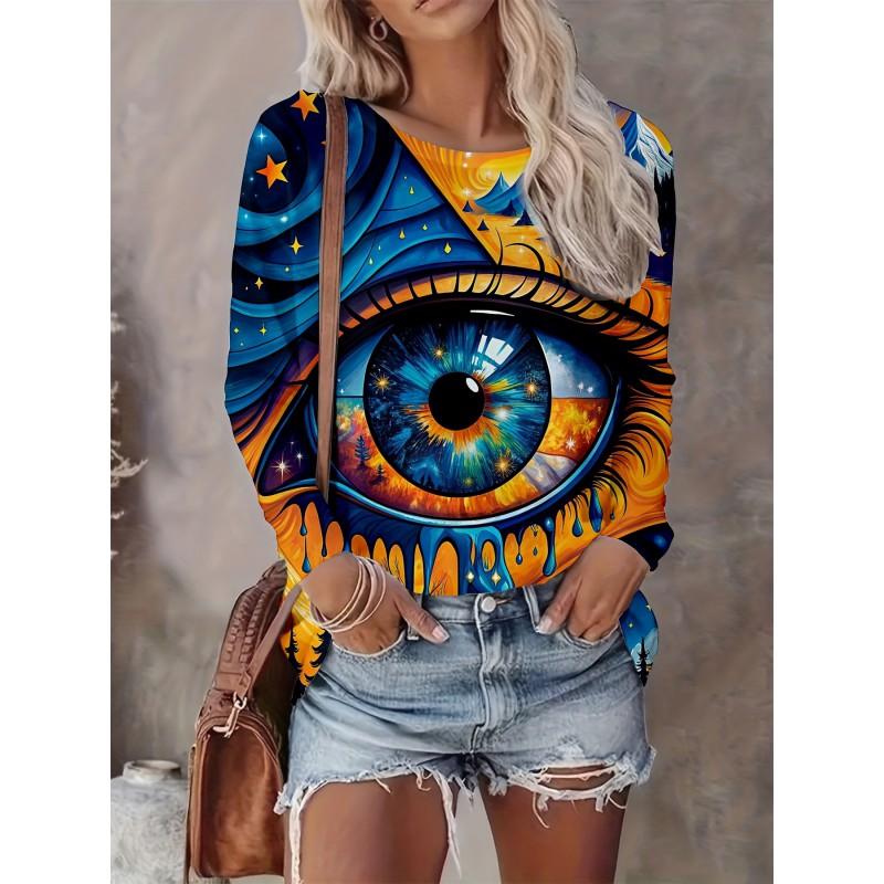 Womens Casual Abstract Print Long Sleeve Crew Neck T-Shirt 3D Effect 2025 Comfort Fit