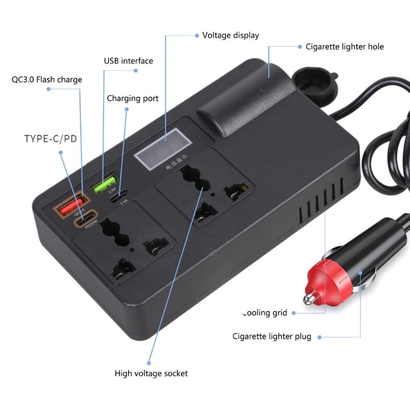 120W Car Power Inverter with PD 30W Type-C & USB-A Port DC12V-24V To 220V Car Plug Adapter Outlet Vehicle