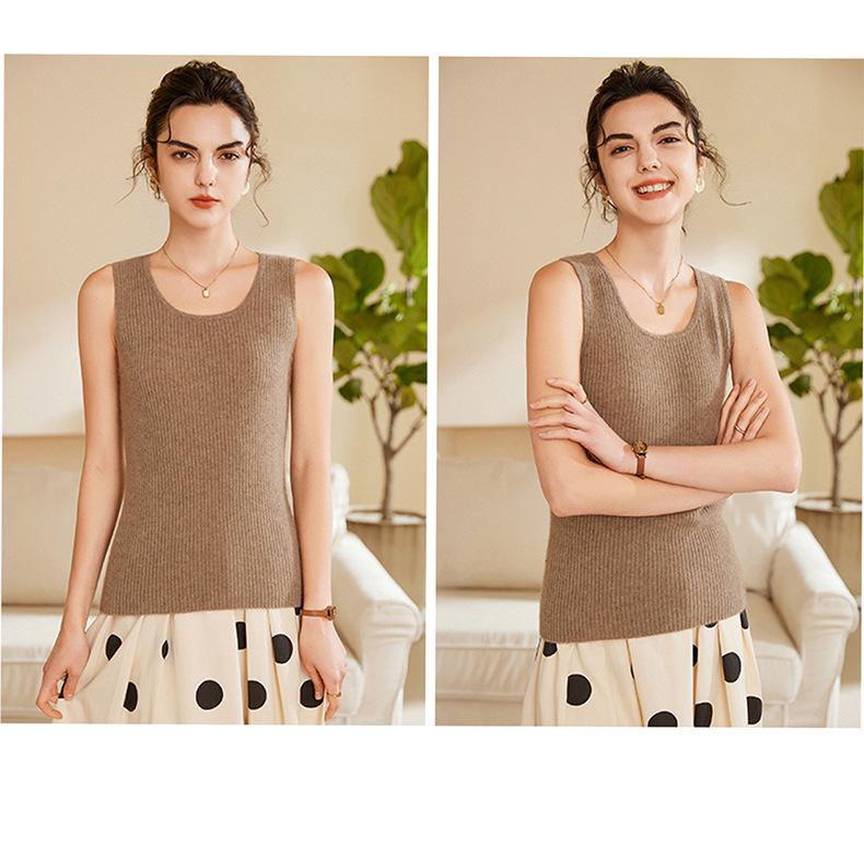 Women's 100% Pure Cashmere Ribbed Slim Fit Spaghetti Strap Vest - Autumn/Winter Knit Round Neck Inner Layer