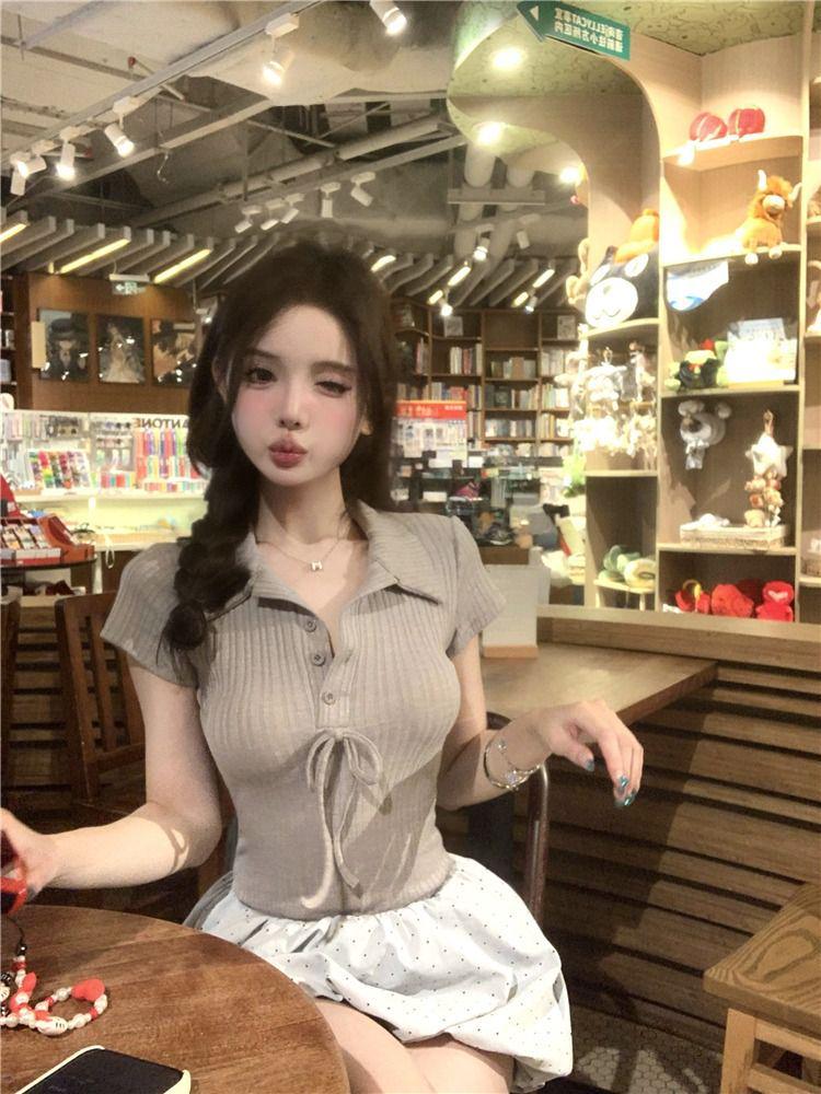 Koreańska morelowa sukienka z kołnierzykiem polo, krótkim rękawem, dopasowana, patchworkowa, dla kobiet