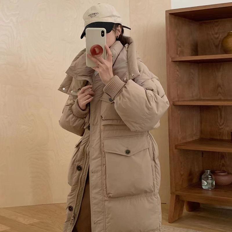 Tooling long down jacket women's 2024 winter new fashion hooded design sense four pockets warm over knee jacket