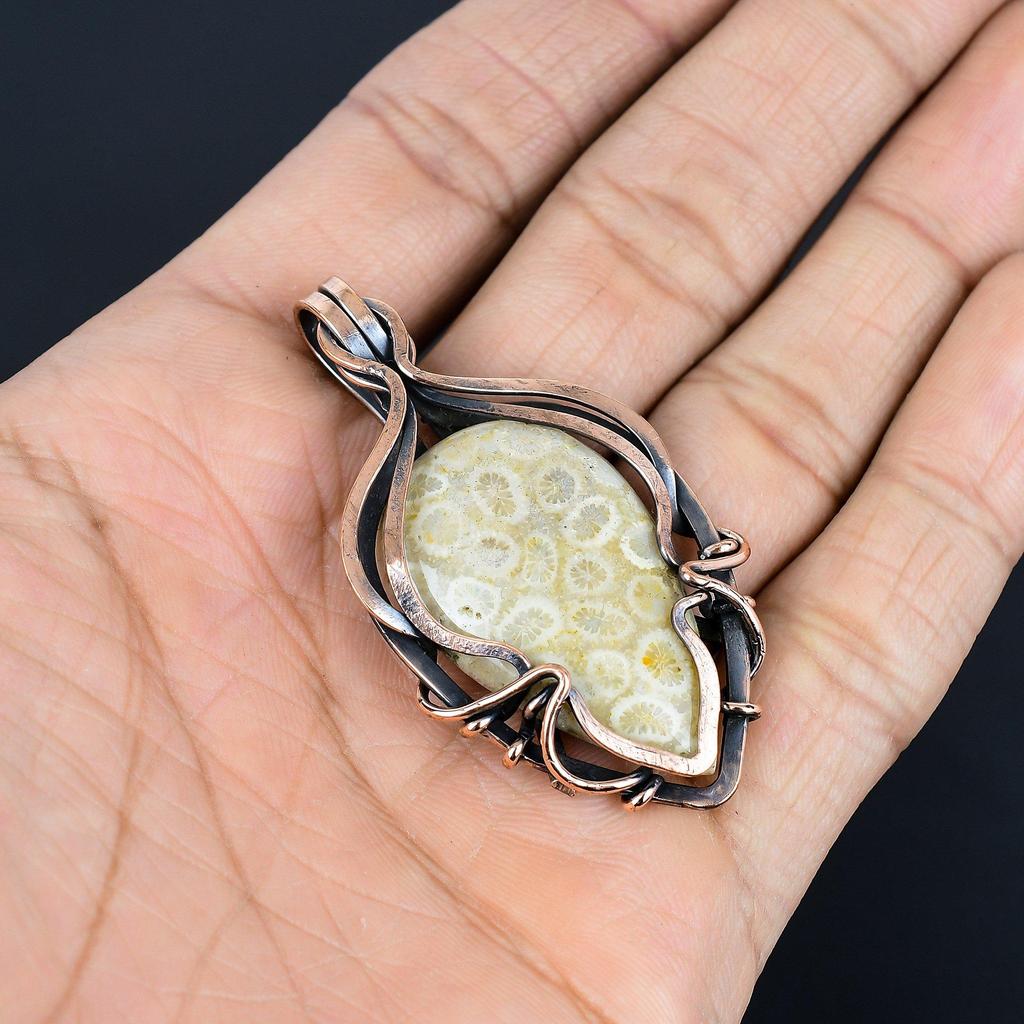 Fossil Coral 999 Copper Wire Wrapped Pendant Handmade Gemstone Jewelry, Gifts For Wife Brand New Jewelry Pendant