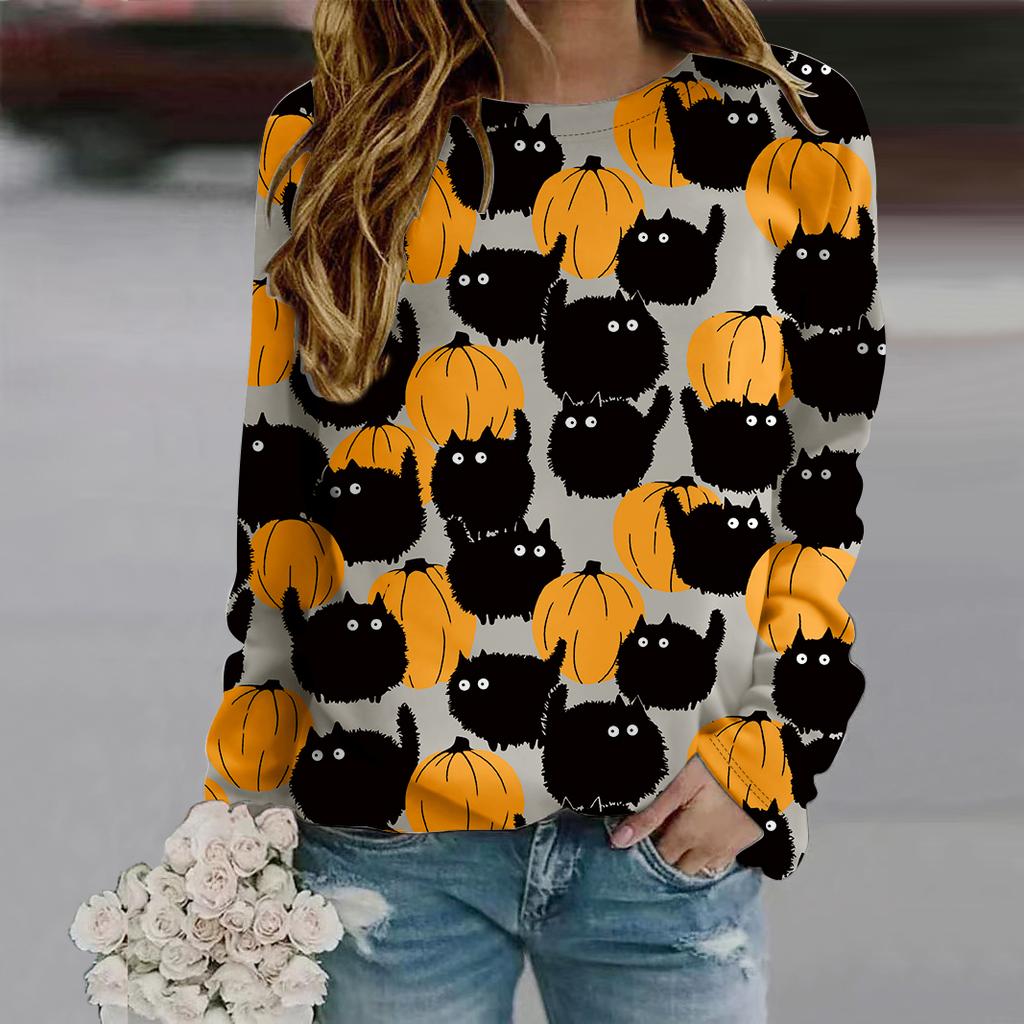 Herbst Herbst Damenmode O-Ausschnitt Langarm T-Shirt Lockere Kleidung Kürbis Party Print T-Shirt