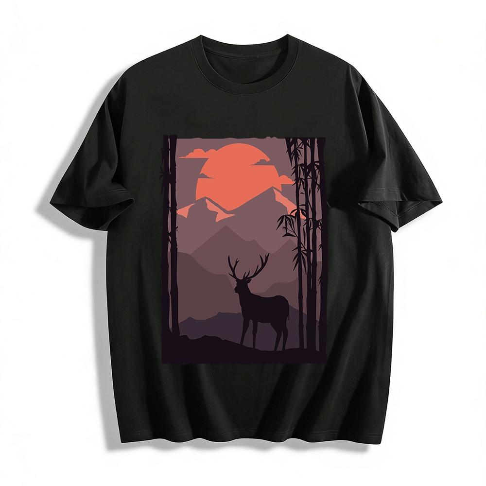 Vintage Mountain Sunset Elk Silhouette Graphic Casual T-Shirt Pure cotton T-shirt XXS