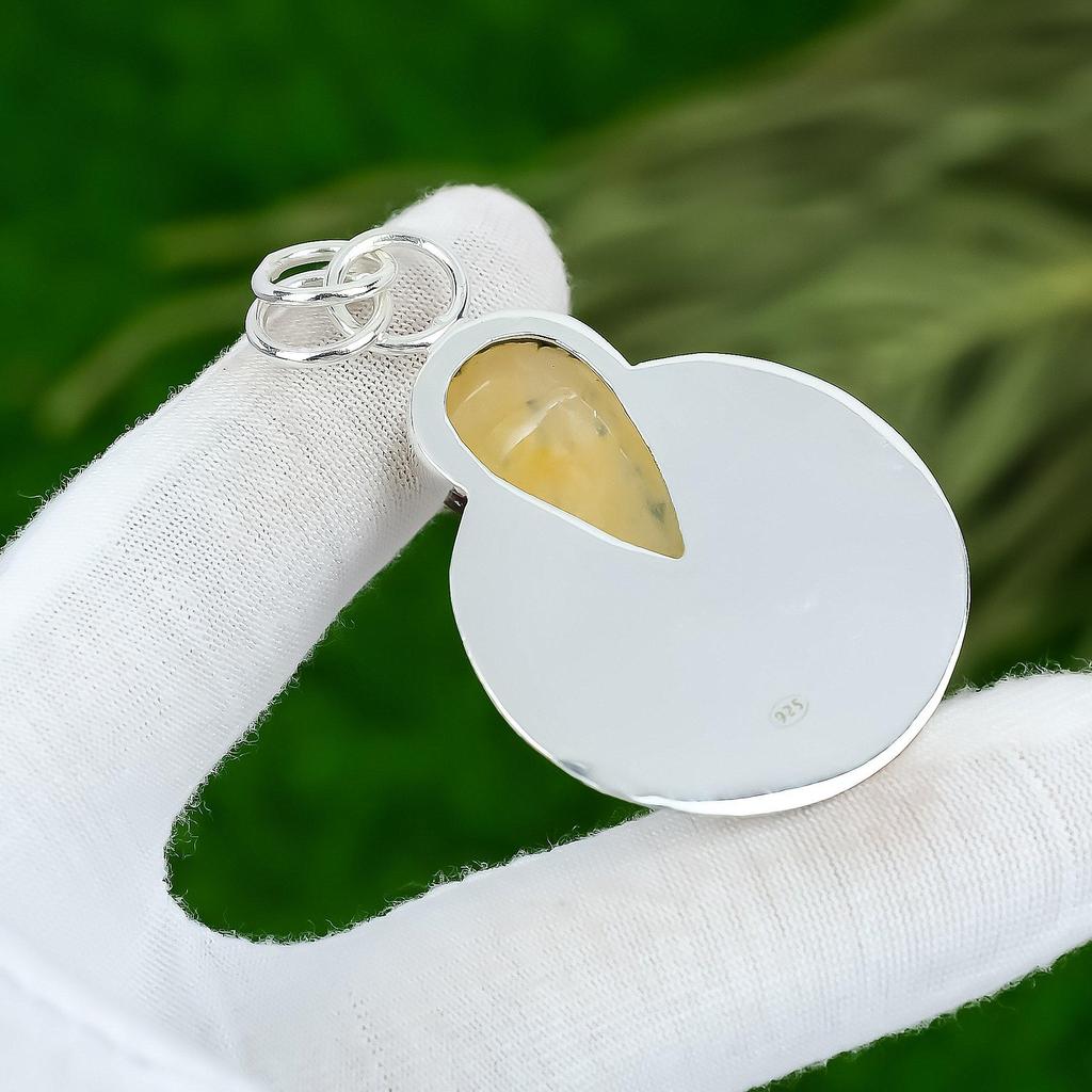 Memorial Day Sale Pear Plume Agate Stone Sterling Silver Wedding Bezel Pendant