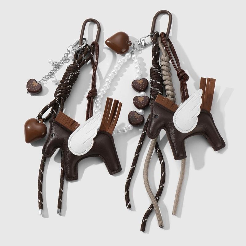 Handmade Brown PU Leather Horse Keychain Bag Charm Key Holder Stylish Animal Figure Keyring for Gift and HandBag Decors