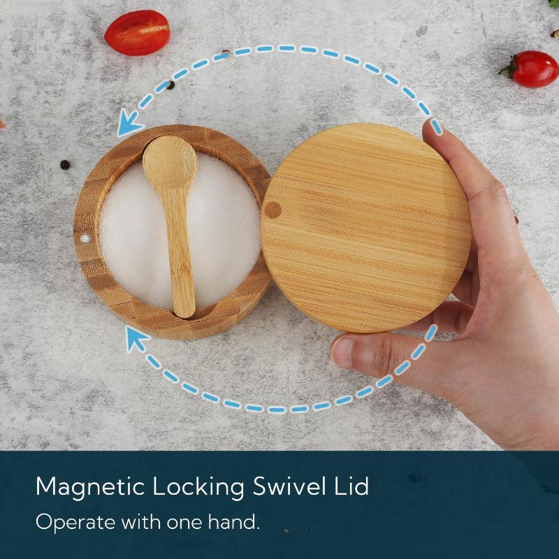Wood Salt Container with Built-in Spoon Swivel Lid Food Grade Salt Holder Bowl for Home Kitchen Countertop Storage