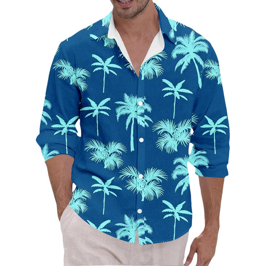 Men's Loose Fit Long Sleeve Beach Shirt Button Down Casual Lightweight Breathable Fabric Tropical Print Shirt for Summer Vacation