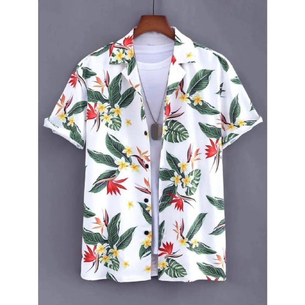 Hawaiian Beach Men's Short Sleeve Shirt with Plant Print Pattern Boy's Short Sleeve Lapel Casual