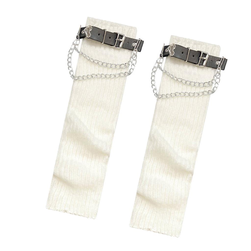Gothic Punk Leg Warmers Boot Toppers with Heart Chain Leather Belt Ribbed Knit Leg Covers Footless Socks for Women Girls