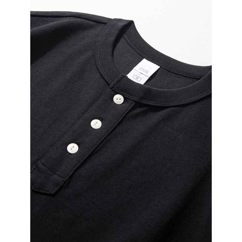 American-Style 300g Heavyweight Short-Sleeve T-Shirt for Men, Summer Casual Solid Color Versatile Top, Stylish Henley Collar Pure Cotton Half-Sleeve
