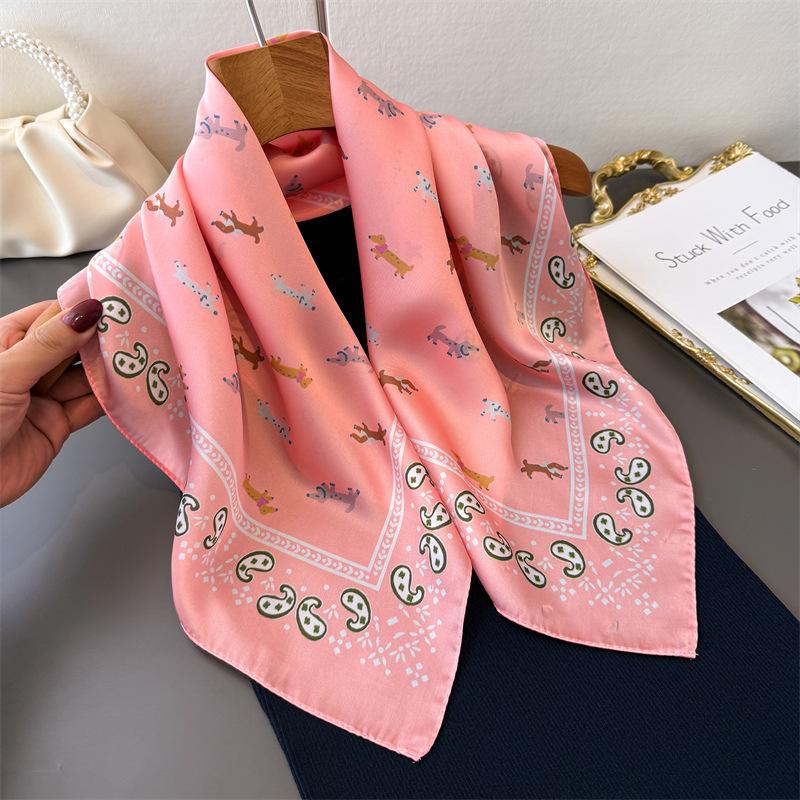 Cute Dachshund Dog Print Square Satin Scarf Women Pink Paisley Border Bandana Multi-use Neck Scarfs Hair Tie Bag Wrap Headband