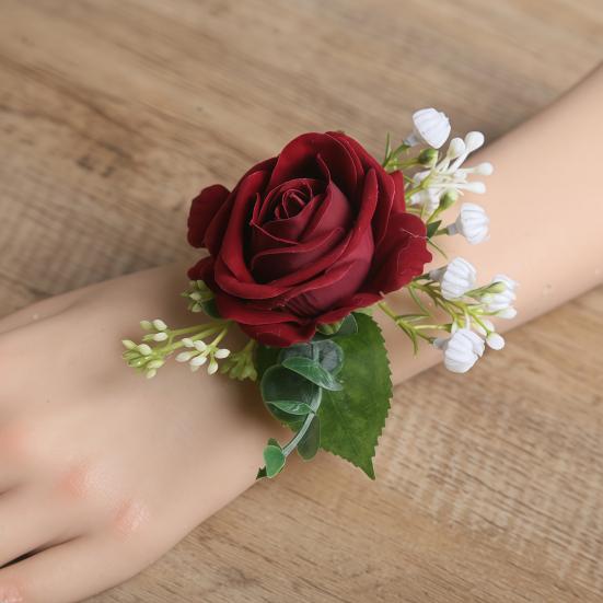 Suit Corsage Wedding Wristlet Band with Faux Pearl Embellished Simulated Roses Bride Groom Romantic Floral Accessories Prom Decoration