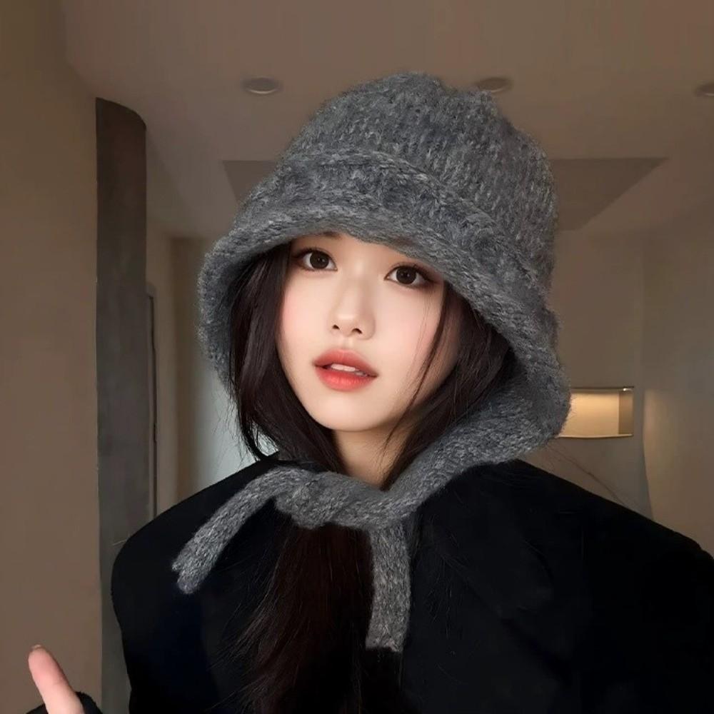 Plush Winter Knitted Hat Solid Color Warm Beanie Hat Fashion Ear Protection Hat Girl