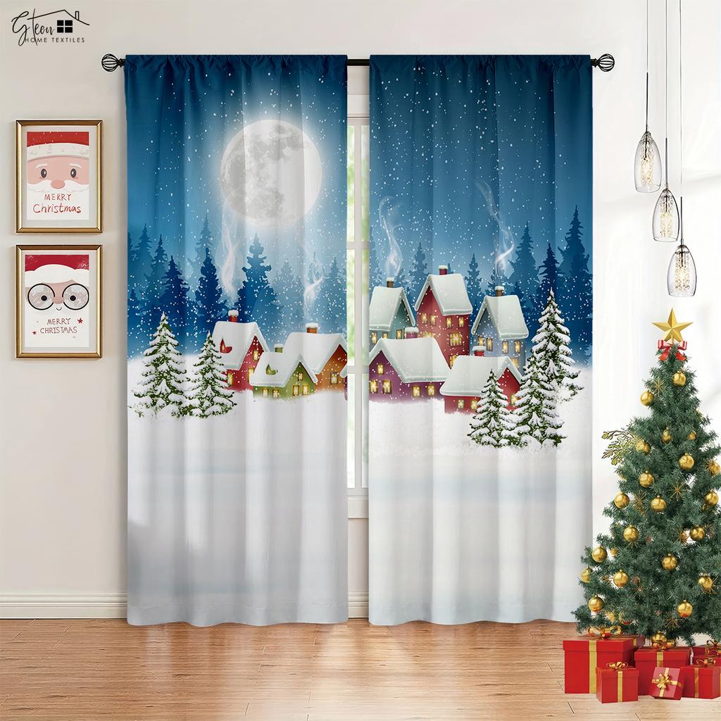 2-Piece Christmas Decor Drapes Fireplace Christmas Tree Cartoon Print Design Bedchamber Dining Room Party Decoration Curtains
