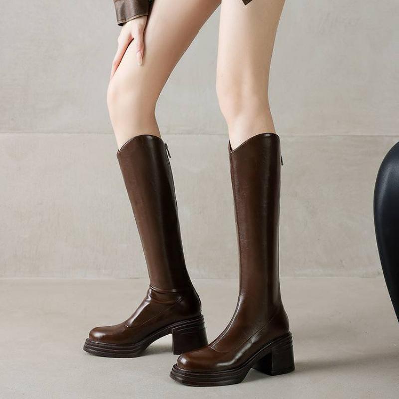 Autumn and Winter Women's Solid Color Large Size Fashion Boots New High Heel Thick Sole Round Head Comfortable Zipper Square Heel Women's Boots