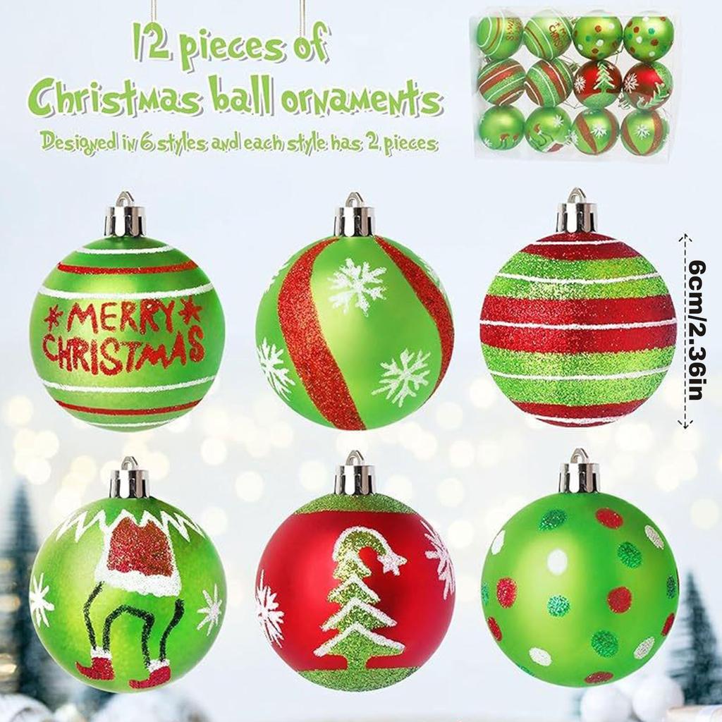 12pcs 2.4-Inch Christmas Ball Decorated Trees Green Christmas Ball Pendant Christmas Home Indoor Holiday Party Decorations