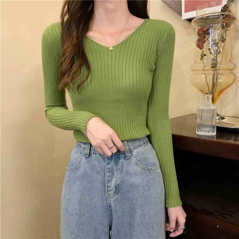 Autumn and Winter New Slim Fit V-neck Pullovers Sweaters Women Long Sleeve Base Knitted Sweater for Women Fashion Solid Casual Knitwear Jumpers 25671
