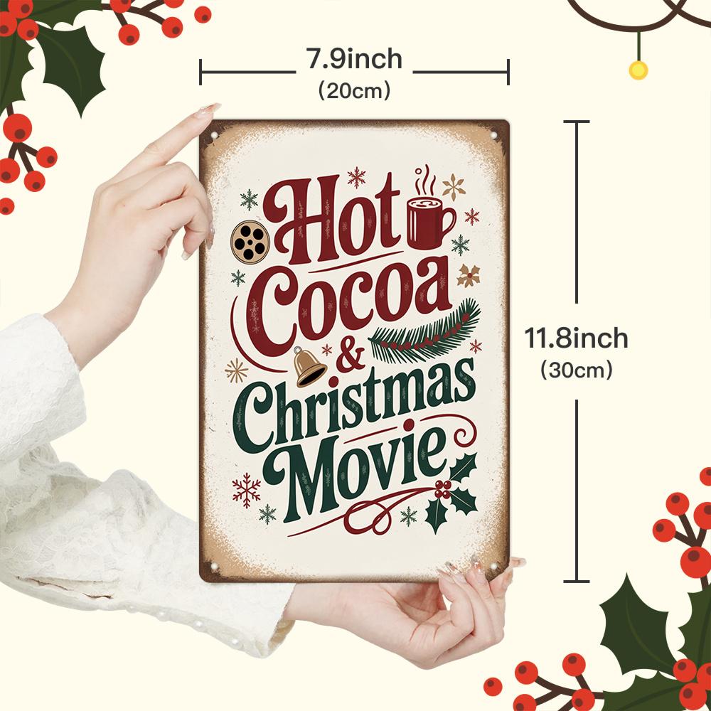 1pc Putuo Decor Vintage Metal Tin Sign - Hot Cocoa & Christmas Movies Retro Wall Decor - Heavy-Duty Metal Holiday Decoration - R
