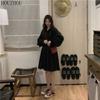 HOUZHOU Hvit skjortekjole Dame Langermet koreansk Klassisk Basic Chic Elegant Svart Midikjole med høy midje
