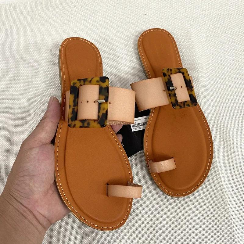 Fashion New Sandals Women Summer Sandal Beach Flat with Slides Square Buckle Fashion Woman Outside Shoes Female Slippers