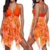 5XL Plus Size Women Asymmetric Hem Bathing Suit Floral Printed Backless Halter Neck Swimdress Swimming Shorts
