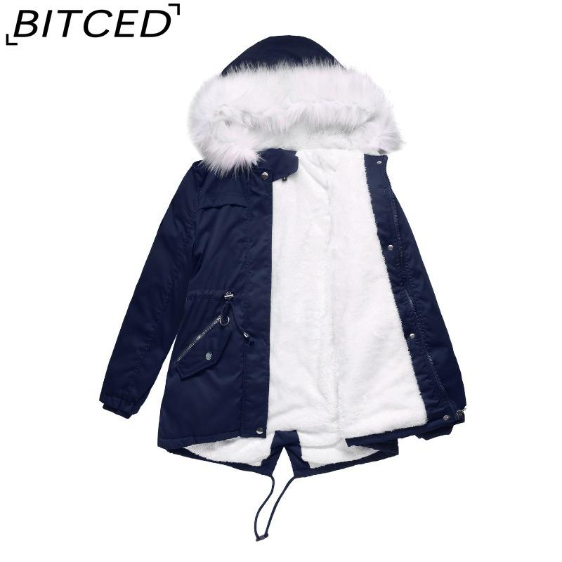 BITCED Women's Cotton-Lined White Fur-Trimmed Parka Mid-Length Hooded Winter Warm Fleece Coat