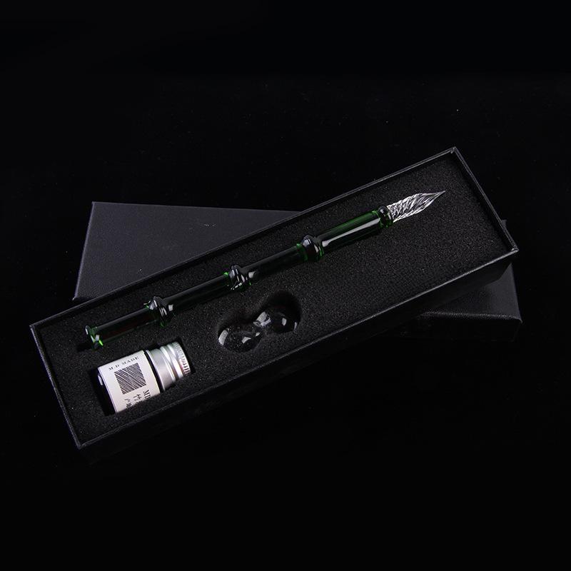 Bamboo Glass Dip Pen with Artistic Colored Ink Calligraphy Crystal Signature Pen for Drawing Writing Office School Supplies
